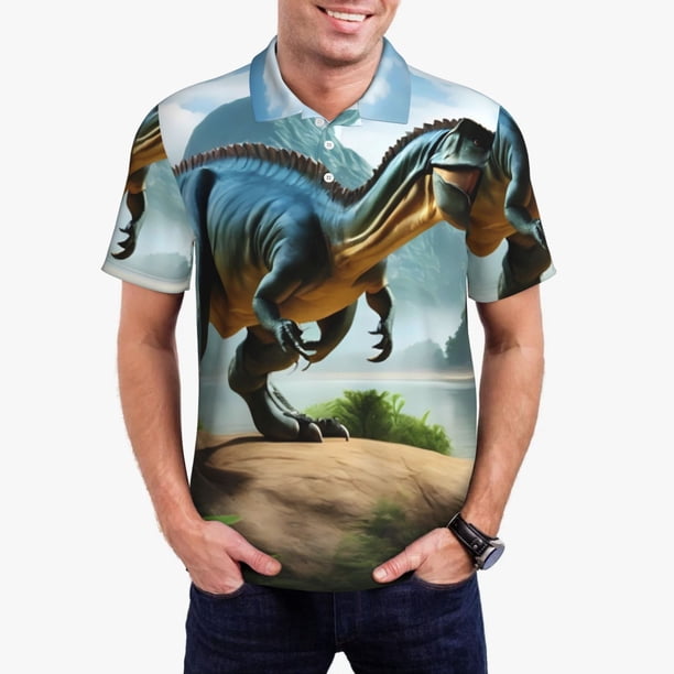 Balery Lake Forest Dinosaur A Camisa Polo de Hombre con Estampado, de Manga Corta y Tejido Medio, Camisa Tipo Golf Polo-Small