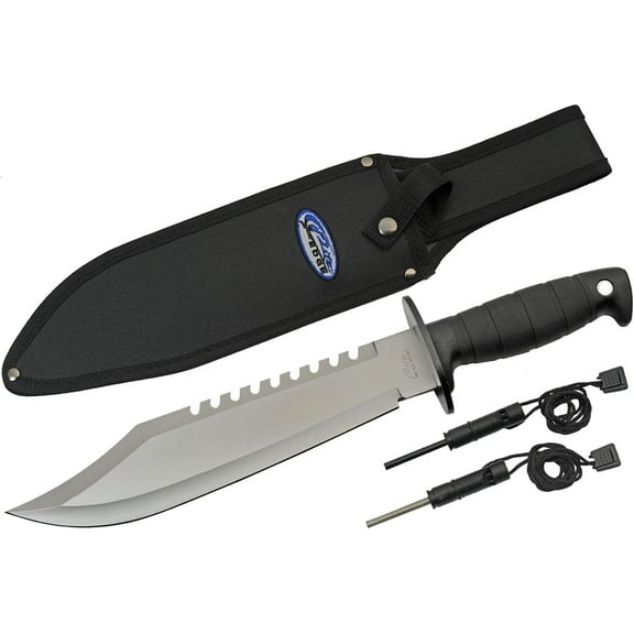 Rite Edge 15” Outdoor Fixed Blade Utility Knife with Saw-Back, Firestarter, Sharpener, and Nylon Sheath, Black