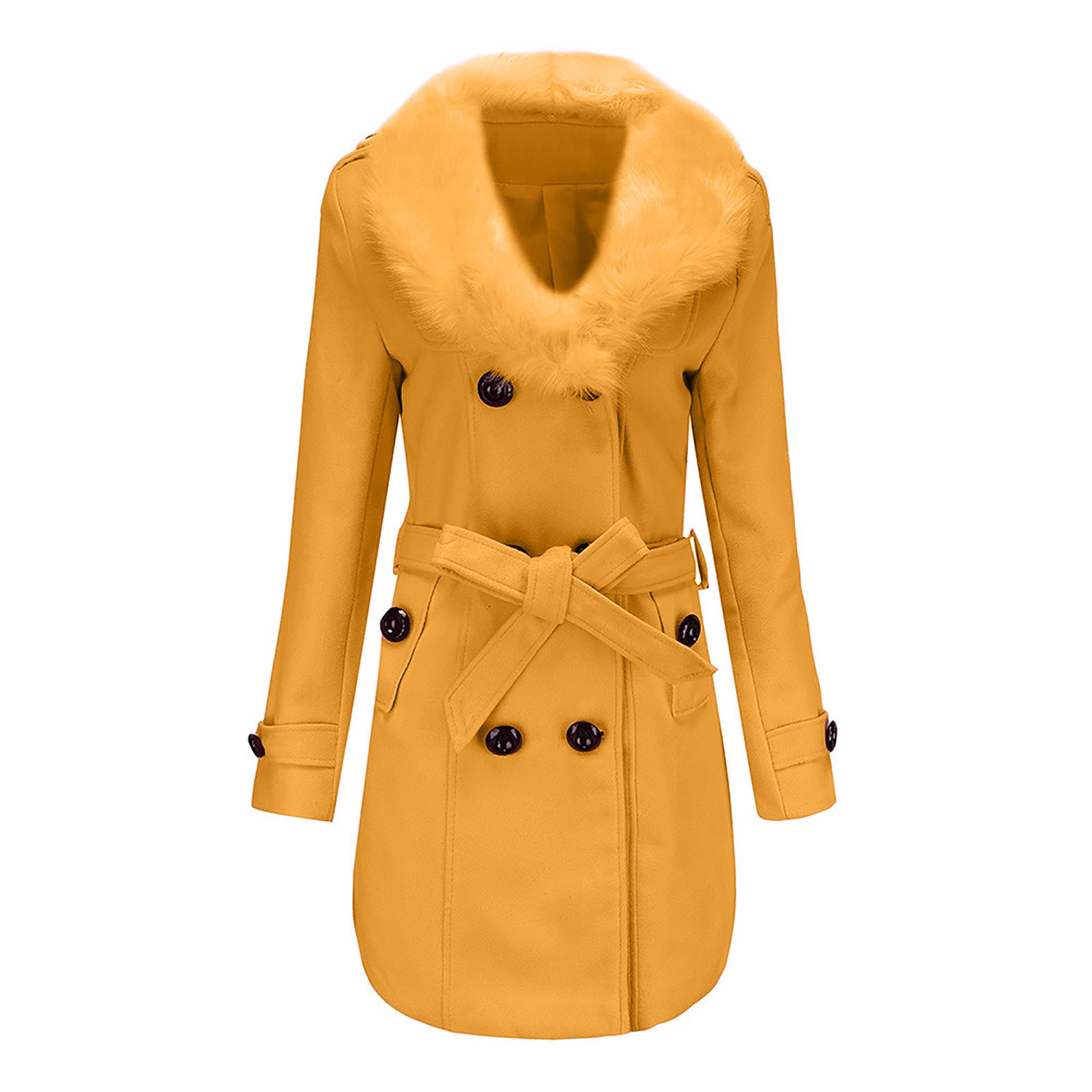 jsaierl Womens Trench Coat Elegant Faux Fur Lapel Collar Double Breasted  Long Sleeve Fall Winter Wool Blend Pea Coat with Belt