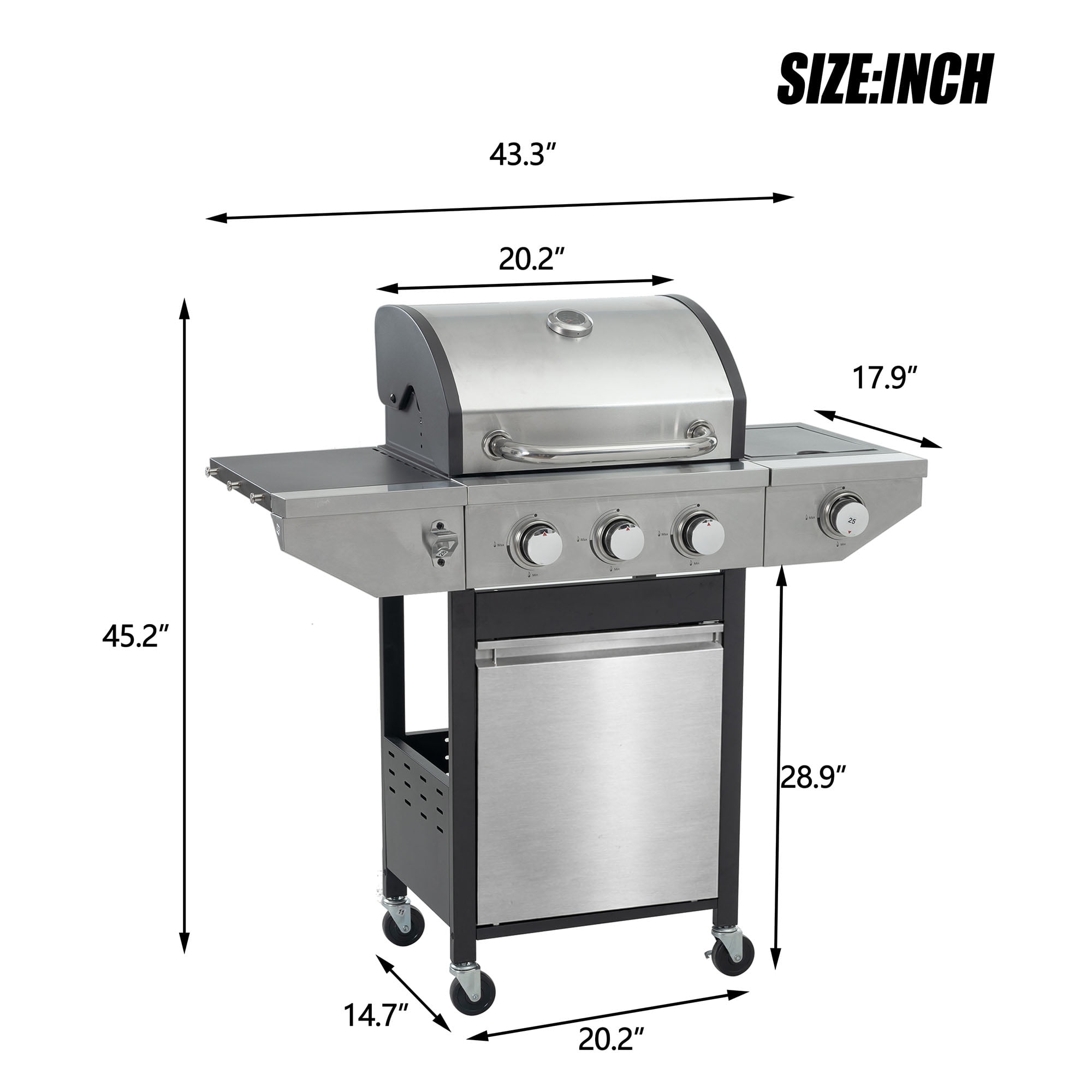 Holaki 3-Burner Propane Gas Grill with Side Burner, Stainless Steel, 37,000 BTU, Thermometer, Outdoor Bbq Grill