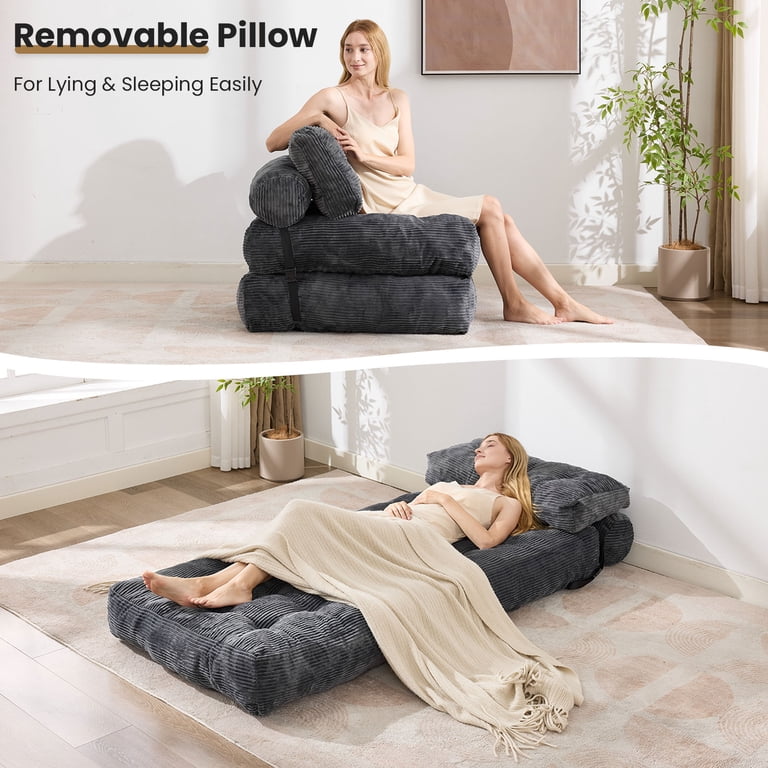 Folding Sofa Bed Sleeper Chair With Pillow - Convertible Lounger For Living Room, Guest Bed (Dark Grey)