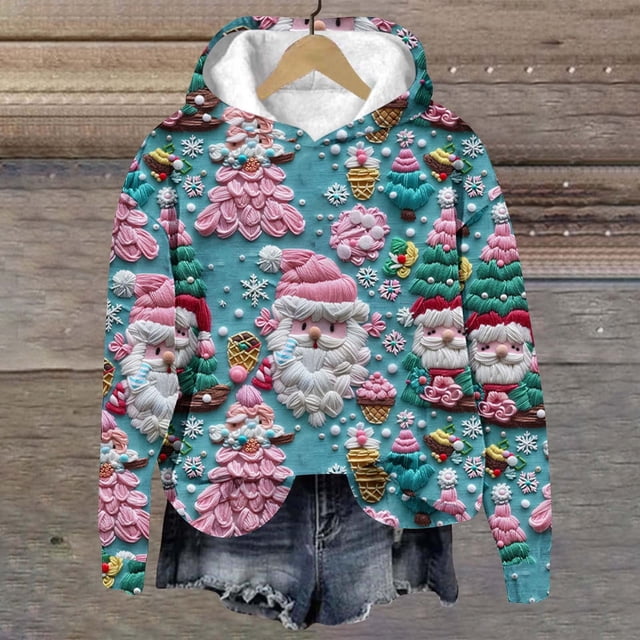 UPPADA Chandails à Capuche pour Femmes, Chandail à Capuche Graphique de Noël, Manches Longues, Cordon de Serrage, Chandails à Capuche Imprimés, Hauts à Manches Longues avec Poche, Chandails à Capuche pour Femmes, Design Graphique Multicolore, XXXXXL