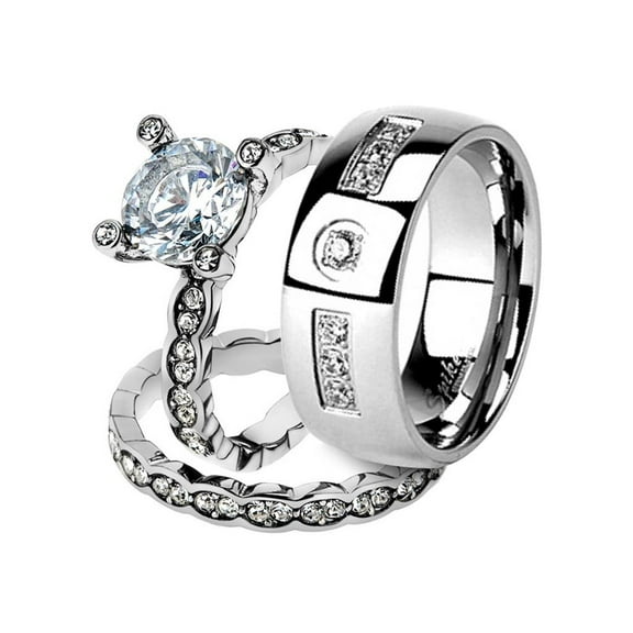 His and Her Stainless Steel 2.25 Ct Cz Bridal Ring Set and Men Zirconia Wedding Band Women's Size 10 Men's Size 10