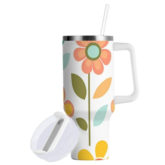 Yayeee 40oz Double-Wall Insulated Stainless Steel Tumbler with Handle Bottle, Orange Retro Flower