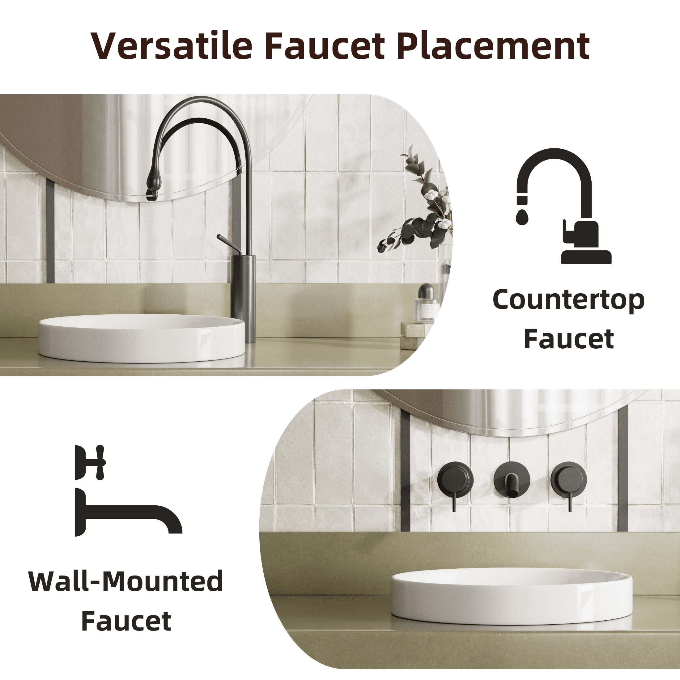 Los Flexi 14" Round Ceramic Semi-Recessed Bathroom Sink without Overflow, White Vessel Basin with Glossy Scratch-Resistant Finish, Drop-In or Countertop Installation