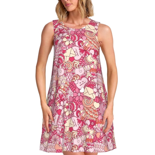 Vsdgher Robes d'Été Imprimé Doux pour Femmes Robe de Plage Décontractée Col en U Sans Manches Robe d'Été Ample avec Poche
