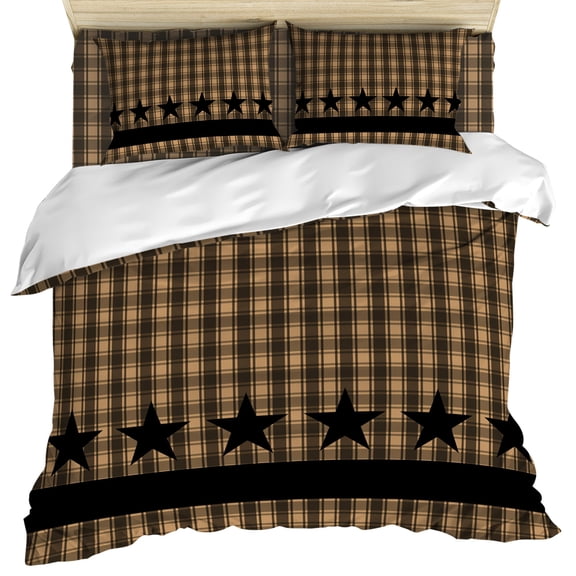 Brown Black Plaid Duvet Cover Set, Vintage Rustic Star Buffalo Check Soft Duvet Cover Twin Size Bedding Set 4 Pieces, 1 Quiltcover and 2 Pillowcases with Zipper, 1 Bed Sheet for All Seasons
