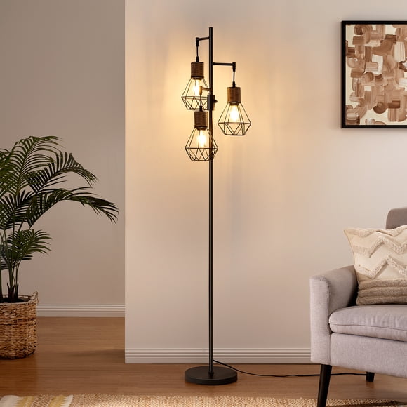 EDISHINE 65" Dimmable Rattan Tree Floor Lamp With 3 Bulbs Included