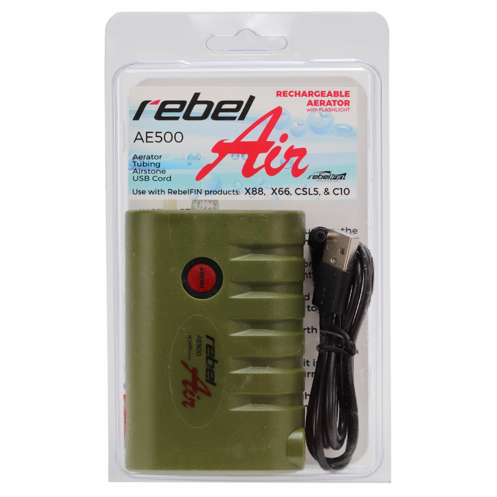 (2 pack) Rebelfin Pocket-Sized Rechargeable 18-Hour Army Green Foam Bucket Aerator with LED Light for up to 6 Gallons of aerated water for live bait Fishing