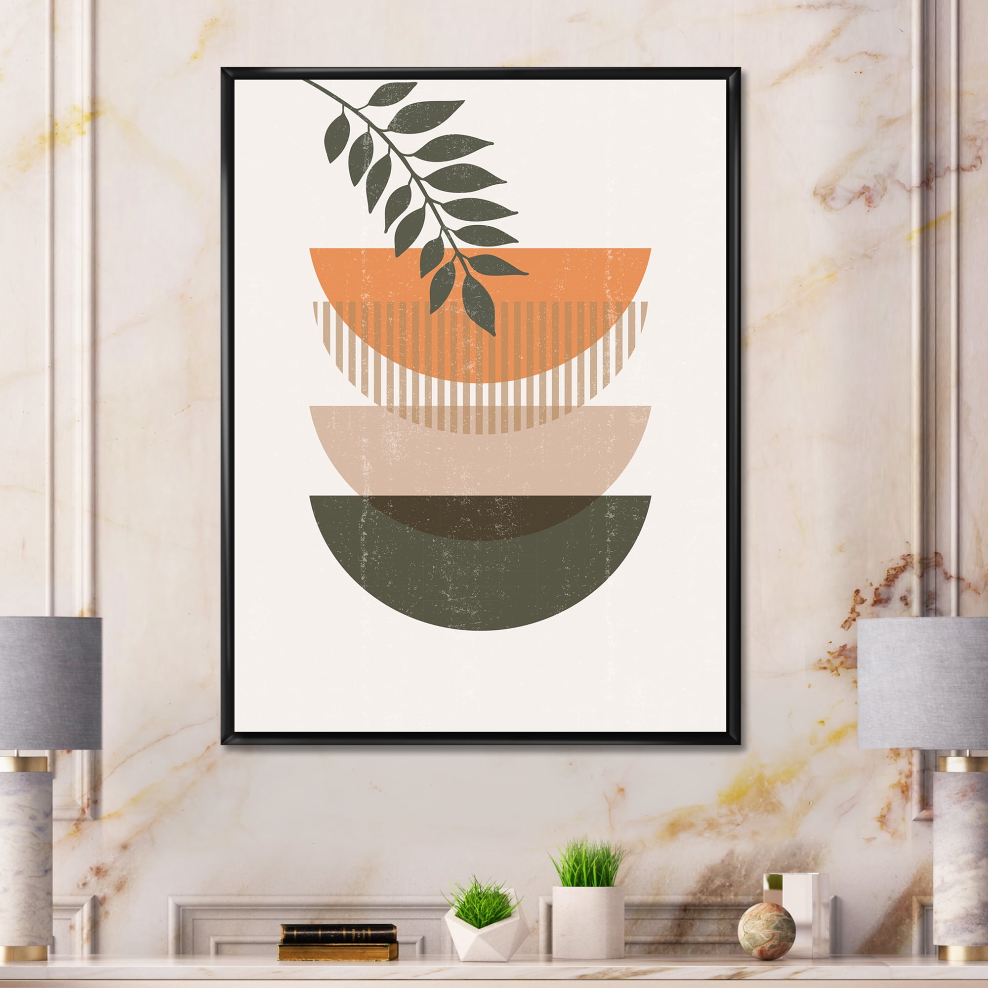 Designart 'Abstract Geometrical Moon and Sun With Leaf II' Modern Framed Canvas Wall Art Print
