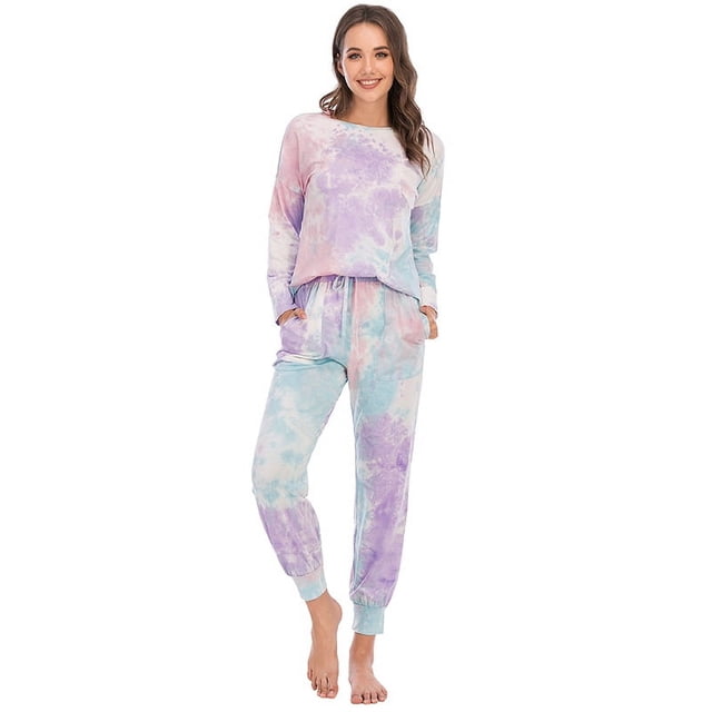 Ropa de hogar de otoño e invierno, traje de pantalón de manga larga con efecto tie-dye para mujer, pijama informal para mujer