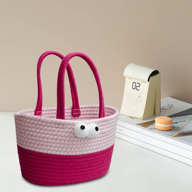 Desktop Woven Storage Basket | Cotton Thread Organizer | Handle | Breathable | Red Green Purple | 30x10x17cm | Sturdy | Decorative | Lightweight | Multi-Purpose | Home Office