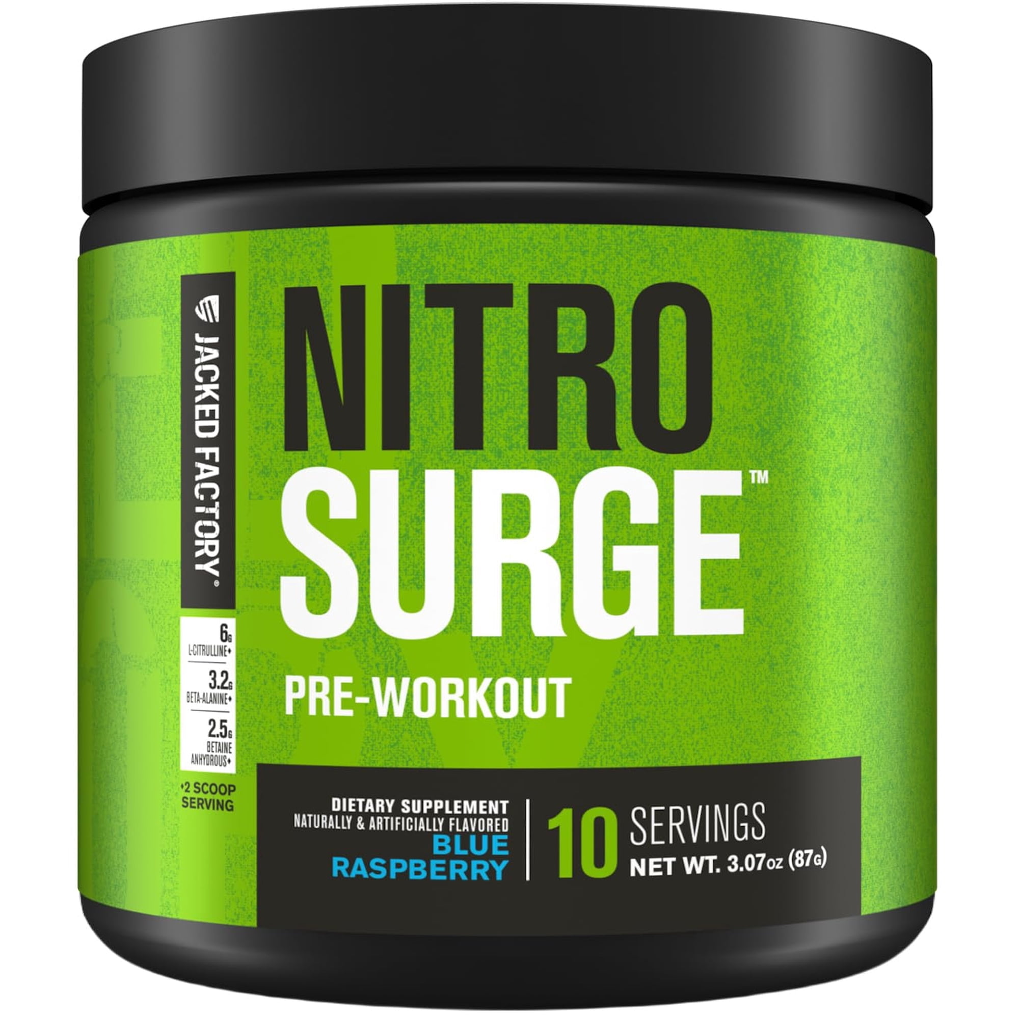Jacked Factory NITROSURGE Pre Workout Supplement - Endless Energy, Instant Strength Gains, Clear Focus, Intense Pumps - NO Booster & Preworkout Powder with Beta Alanine - 10 Servings, Blue Raspberry