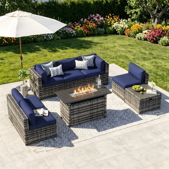 Clouddwell 8 Piece Patio Furniture Set with 44” Fire Pit Table Wicker Rattan Patio Conversation Set Outdoor Sectional Sofa Set with Coffee Table and Blue Cushions(Waterproof Cover Included)