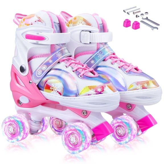 Bvivok Roller Skates for Girls Size (M: 2Y-5.5Y), 4 Sizes Adjustable, with Light up Wheels (Snowflake Pink)