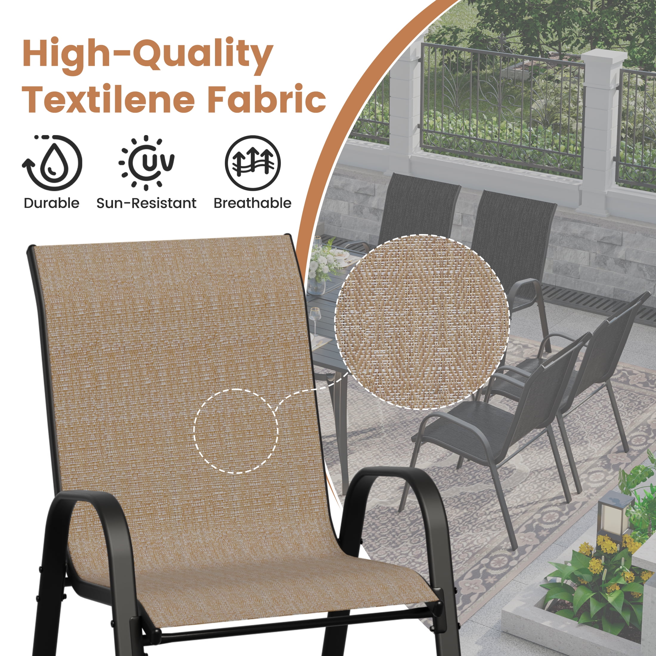 ELPOSUN 9-Piece Outdoor Patio Dining Set, 8 Textilene Chairs & Large Square Steel Table with Umbrella Hole, All-Weather Furniture for Garden, Balcony,Khaki