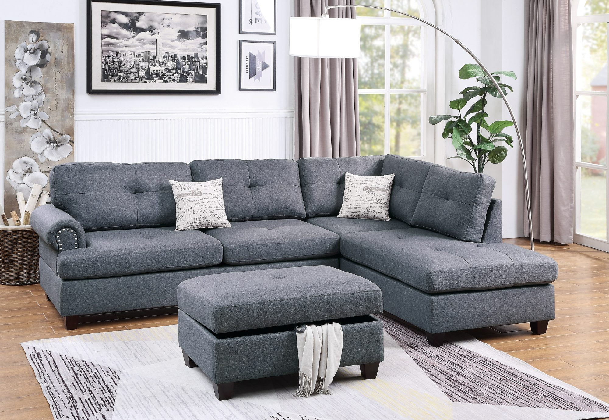 Blue Grey Reversible L/R Sectional Sofa set Polyfiber