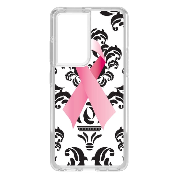 DistinctInk Clear Shockproof Hybrid Case for Galaxy S21 ULTRA 5G (6.8" Screen) - TPU Bumper, Acrylic Back, Tempered Glass Screen Protector - Black Damask Pink Ribbon - Breast Cancer Awareness