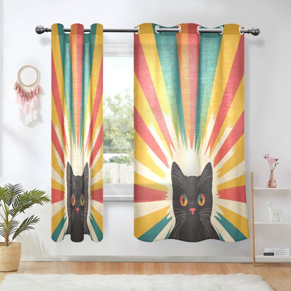 Yayeee Window Curtains Light Filtering 63"x42" Grommet Panel Pair Home Living Room Decor, Colorful Black Cat