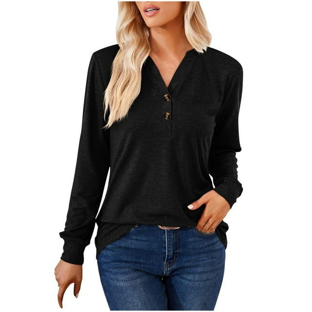 Womens Casual Comfory Soft Long Sleeve Button Down Blouses Sexy V Neck Solid T Shirt Top