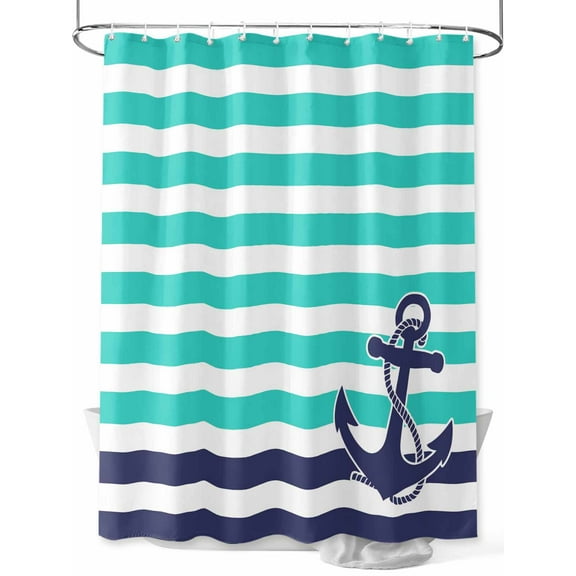 Fsddascl Anchor Turquoise Shower Curtain Set - 48" x 72" Washable Bathtub Curtain with 12 Hooks, Modern Navy Blue White Striped Nautical Waterproof Fabric Stall Shower Curtains for Bathroom/Bathtub