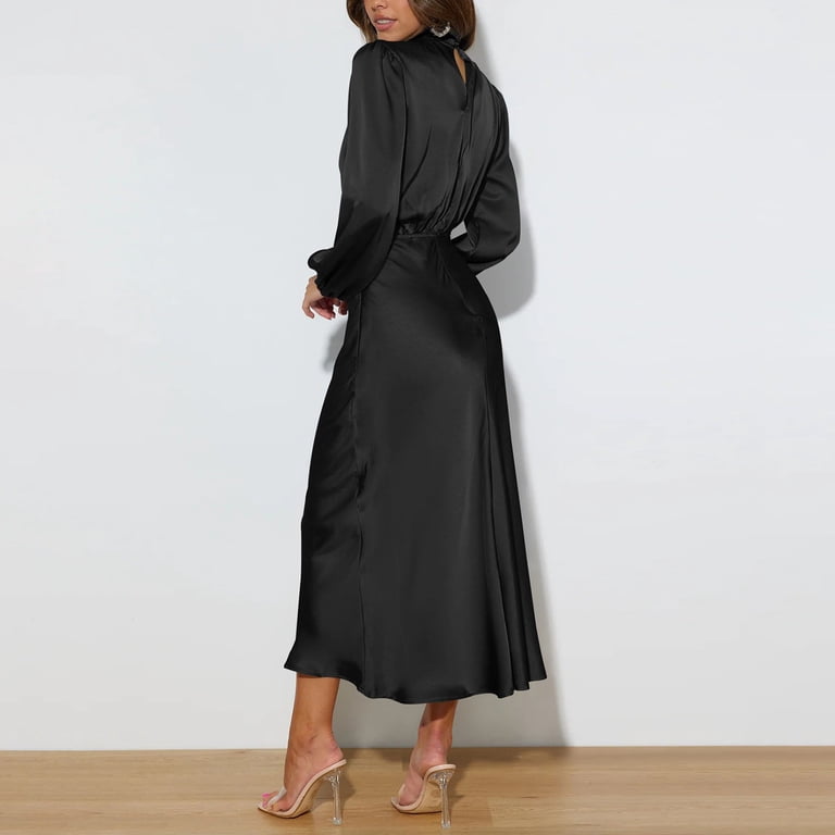 black satin long sleeve dress Women's High Neck Flared Maxi motherofthebride Wtxue Long Sleeve Dress, Women's