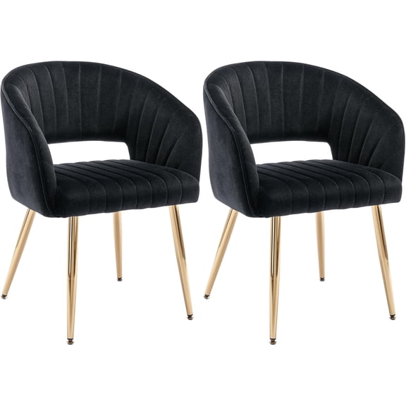 Velvet Dining Room Chairs Set of 2 - Upholstered Gold Chair with Hollow Back, Modern Design, Gold Legs, Accent Armrests - Perfect for Kitchen, Living Room, Reception - Black