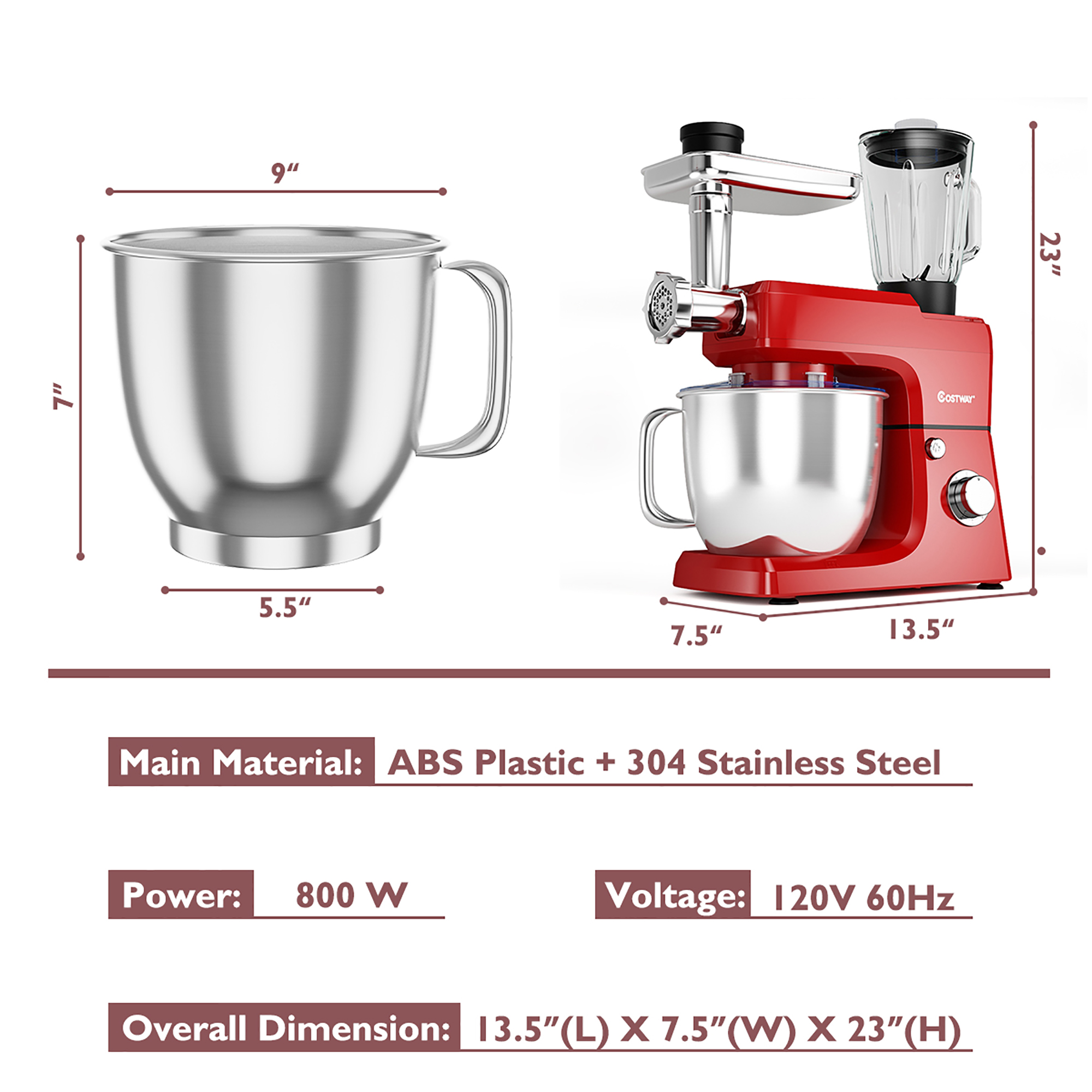 Costway 3 in 1 Multi-functional 800W Stand Mixer Meat Grinder Blender Sausage Stuffer Red - image 4 of 10