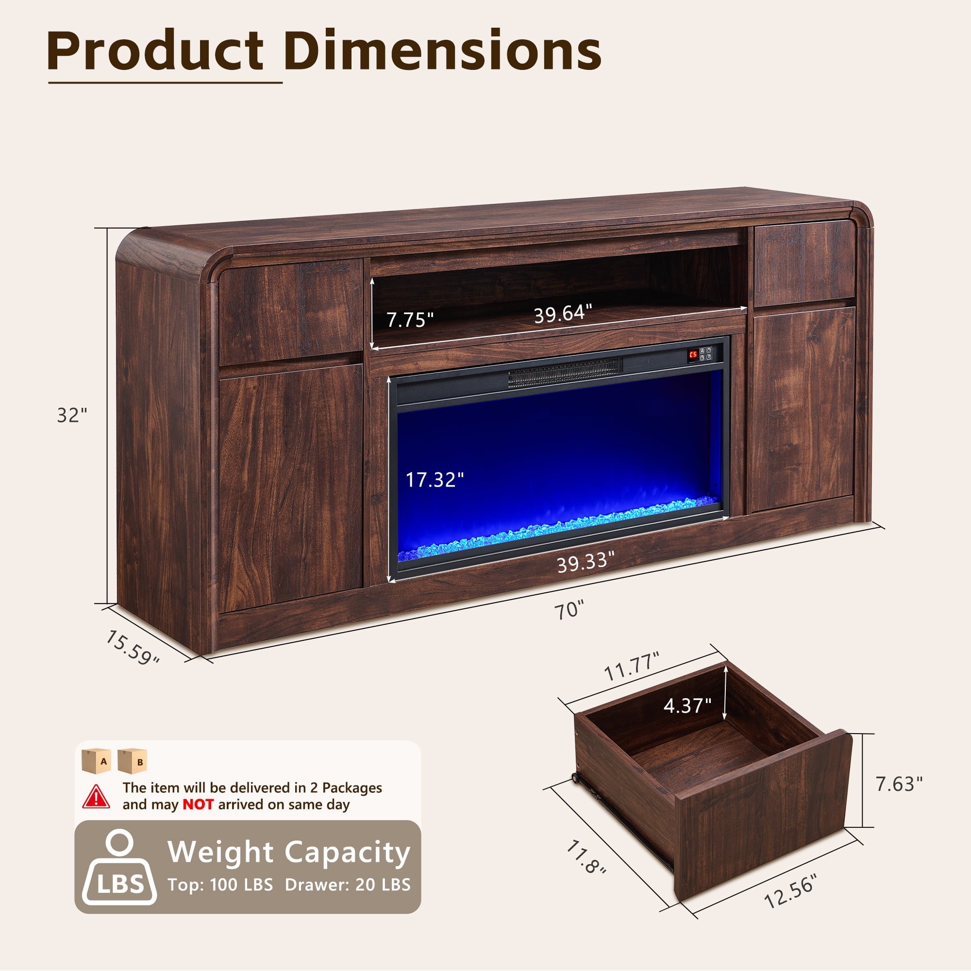 Modern Fireplace TV Stand for 75 inches TV, 36" Electric Fireplace w/ Wood Media Console, 32" Tall Entertainment Center & Adjustable Shelves for Living Room, Curved Profile Design