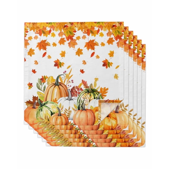 Orange Thanksgiving Cloth Napkins Set of 6 Reusable Dinner Napkins, Fall Pumpkins Maple Leaves Autumn Cocktail Napkin Washable Table Napkins for Wedding/Holiday Party/Baby Shower 20"x20"