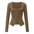 thumbnail image 7 of Lenpel Women's Crop Tops Long Sleeve Square Neck Button down Slim Ribbed Knit Shirts Soft Casual Blouses Going out Tops(Brown,XX-Large), 7 of 7
