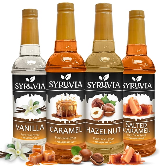 Syruvia Variety Pack Vanilla, Caramel, Hazelnut & Salted Caramel Flavoring coffee Syrup