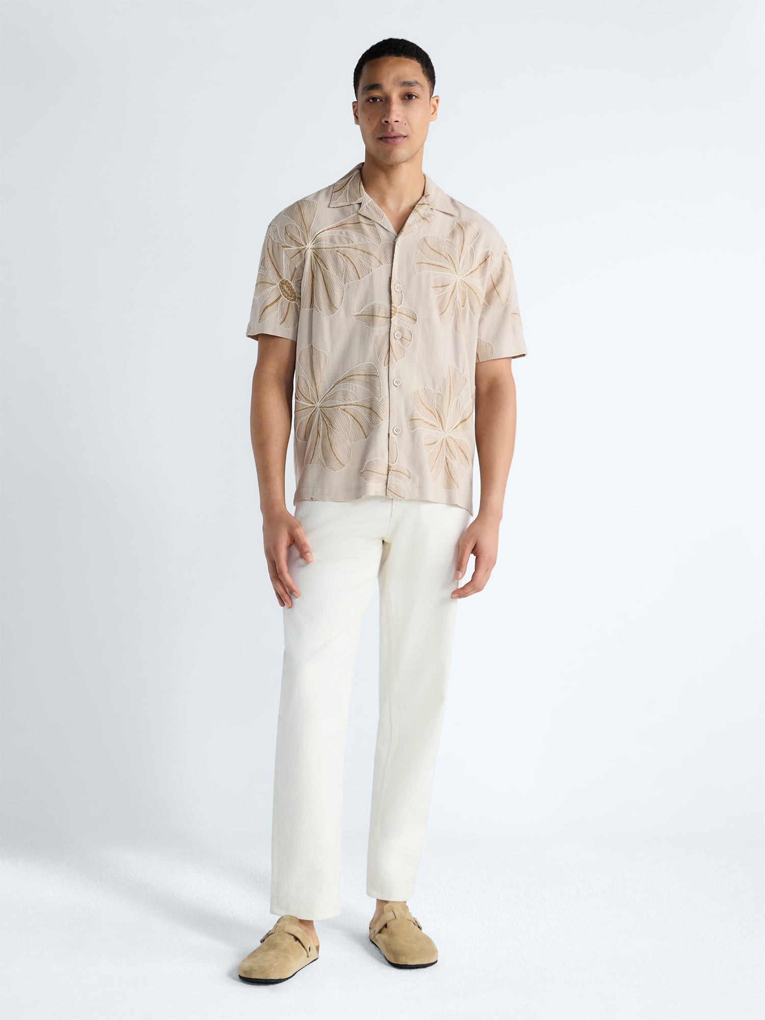 Free Assembly Men's Embroidered Linen Blend Camp Shirt with Short Sleeves, Sizes XS-3XL
