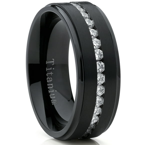 Black Titanium Men's Eternity Wedding Band Ring with Cubic Zirconia CZ, Comfort Fit 8mm SZ 11.5