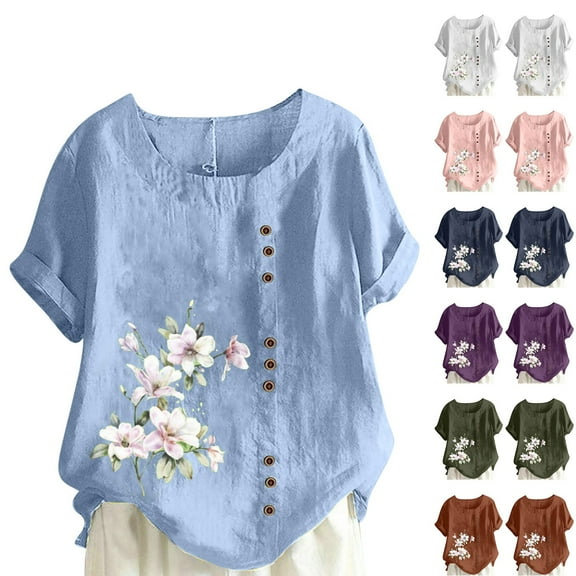 Fesfesfes Oversized T Shirts for Women's Summer Casual Round Neck Short Sleeve Flower Printing Loose Shirt Tops Short Sleeve Workout Shirts for Women 6(M)