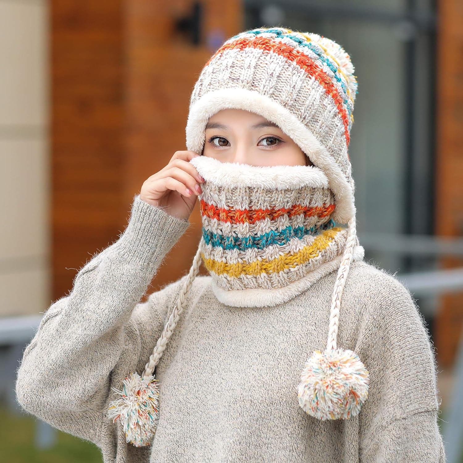 Zhengup Women Winter Beanie Hat Circle Scarf Set Pompoms Peruvian Ski Snow Ear Flaps Sherpa Knit Hats Fleece Lined,S to M Size Head
