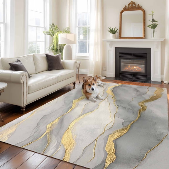 5'x8' Area Rugs, Marble Grey Indoor Outdoor Area Rug for Living Room Bedroom, Modern Gold Luxury Neutral Texture Washable Bathroom Rugs Kitchen Floor Carpet Mats Home Decor Aesthetic