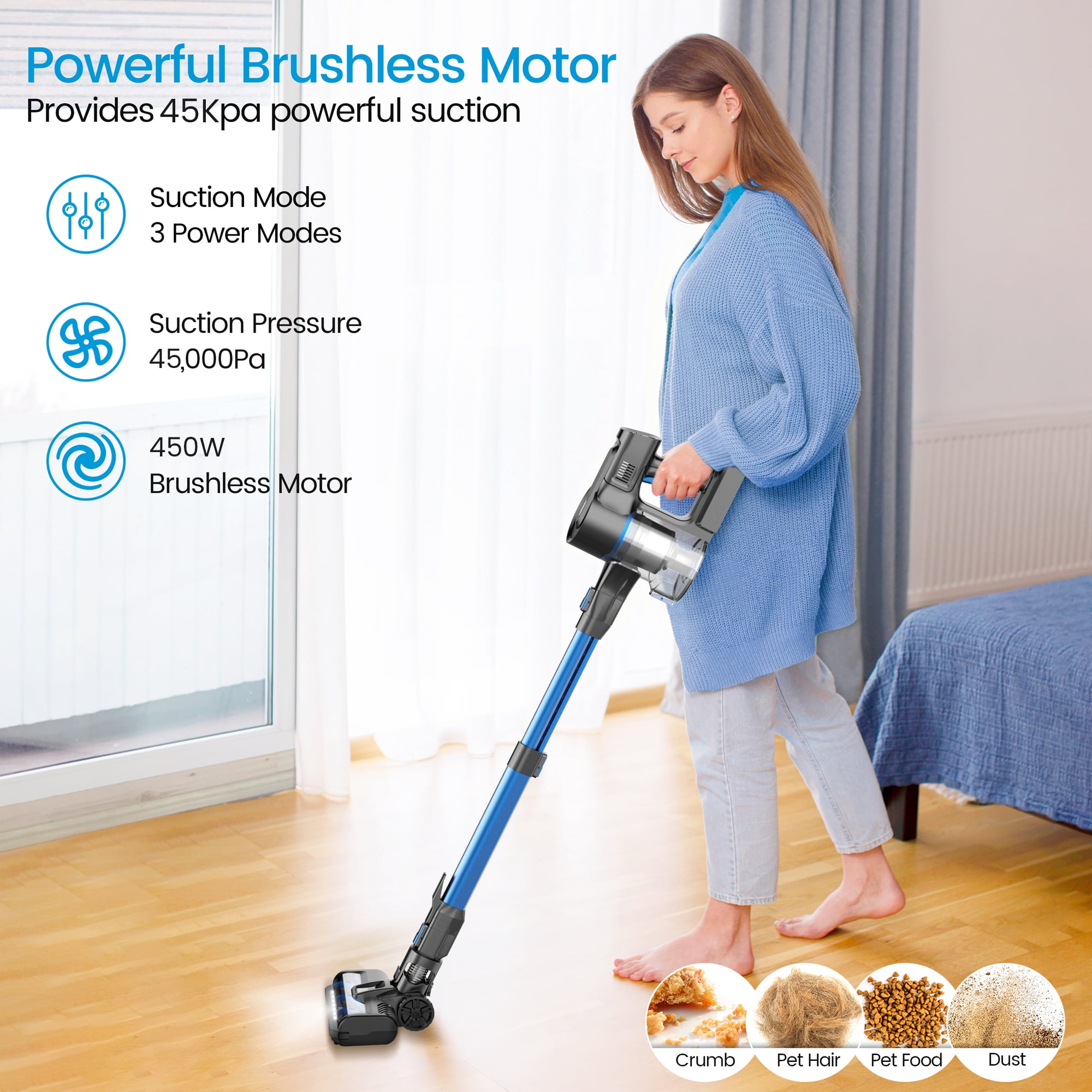 YOMATECH Cordless Vacuum Cleaner, 45Kpa/450W Powerful Stick Vacuum, 6 in 1 Lightweight Vacuum Cleaners for Home Hardfloor Carpet Pet Hair