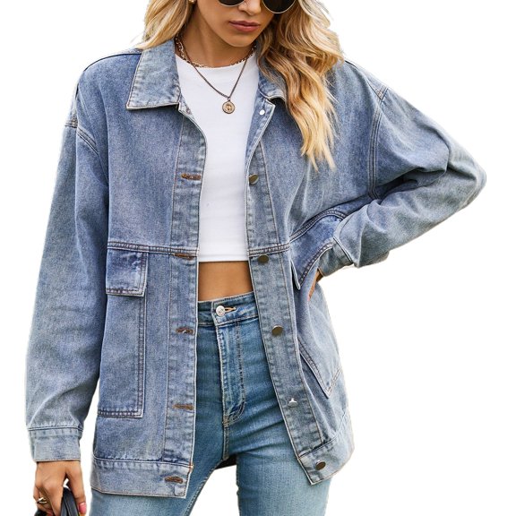 SWSMCLT Women's Denim Jacket Long Sleeve Jean Pocket Western Casual Slouchy Lapel Boyfriend Top Jackets Fall Blue XX-Large
