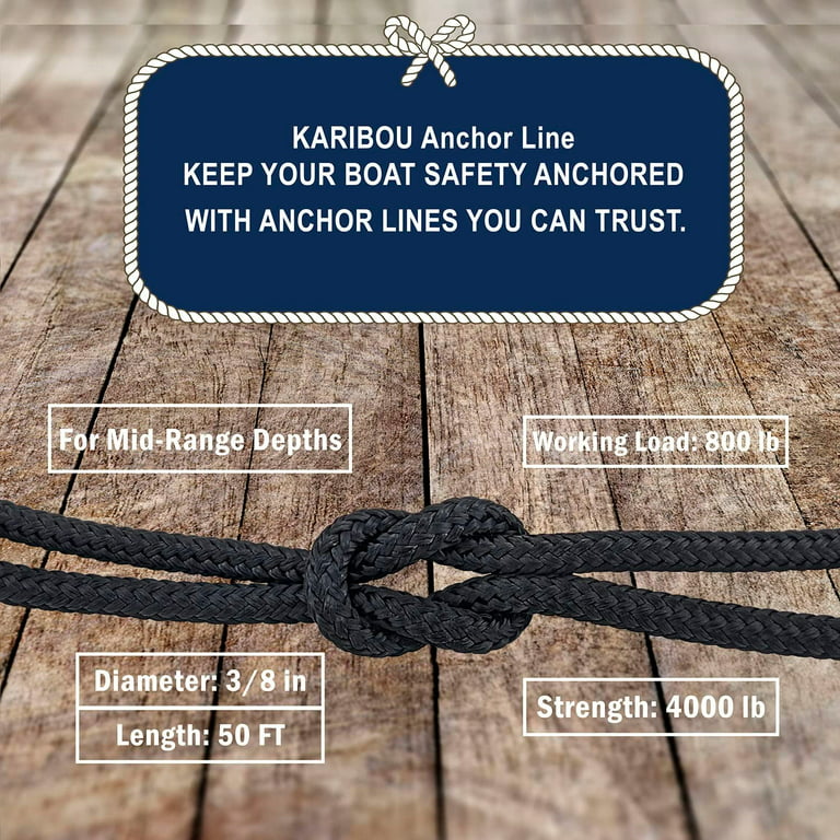 Boat Anchor Rope - 50 ft x 1/4 inch - Double Braided Nylon Anchor Line/Boat  Rope with 316SS Thimble and Heavy Duty Marine Grade Snap Hook - Black