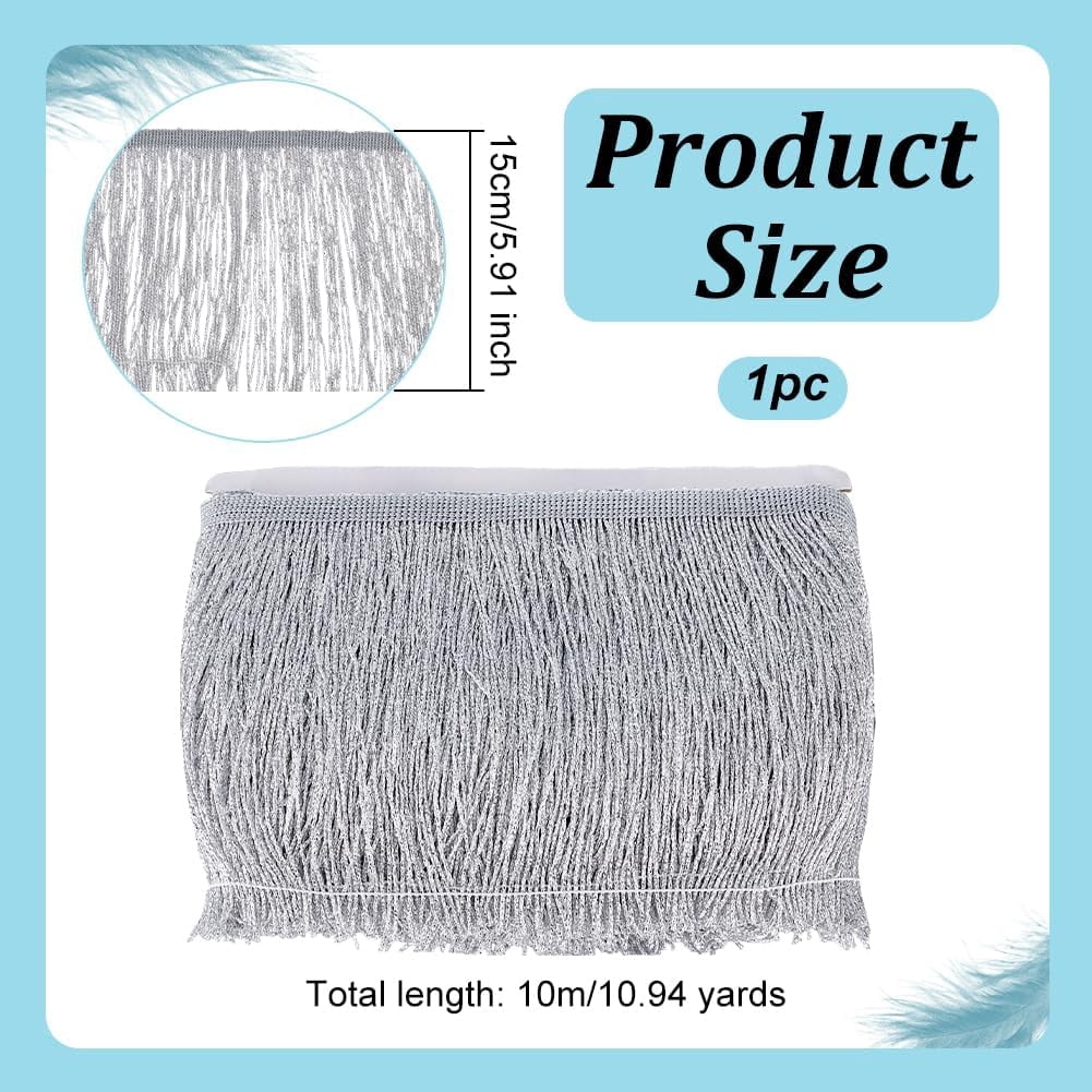 1pc 10.9 Yards Glittery Fringes Trim 5-7/8 inch Wide Polyester Tassel Lace Trim Metallic Silver White Fringe Lace Trim Sewing Tassel Lace Trim for DIY Latin Dance Dress Costume Accessories