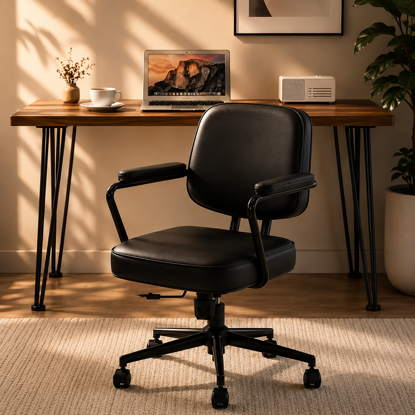 Ergonomic Office Chair, PU Leather Executive Desk Chair with Fixed Armrests, Adjustable Height, Rocking Function, 360° Swivel Rolling Wheels Black