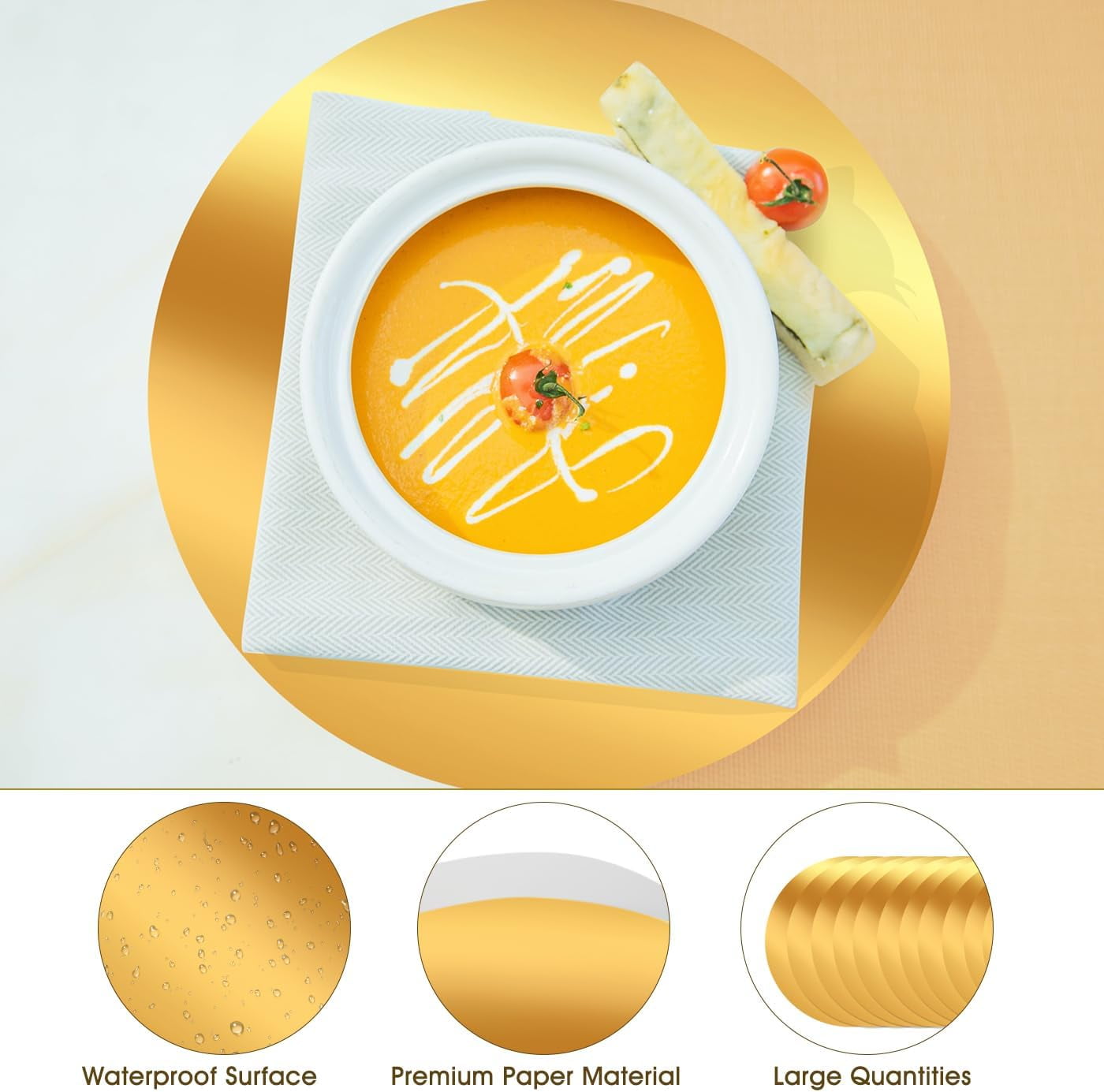 100PCS Round Gold Placemats,  Disposable Paper Placemats for Dining Table, Mirrored Gold Charger Place Mat for Kitchen Banquet Table Setting Wedding Birthday Dinner Party Decor