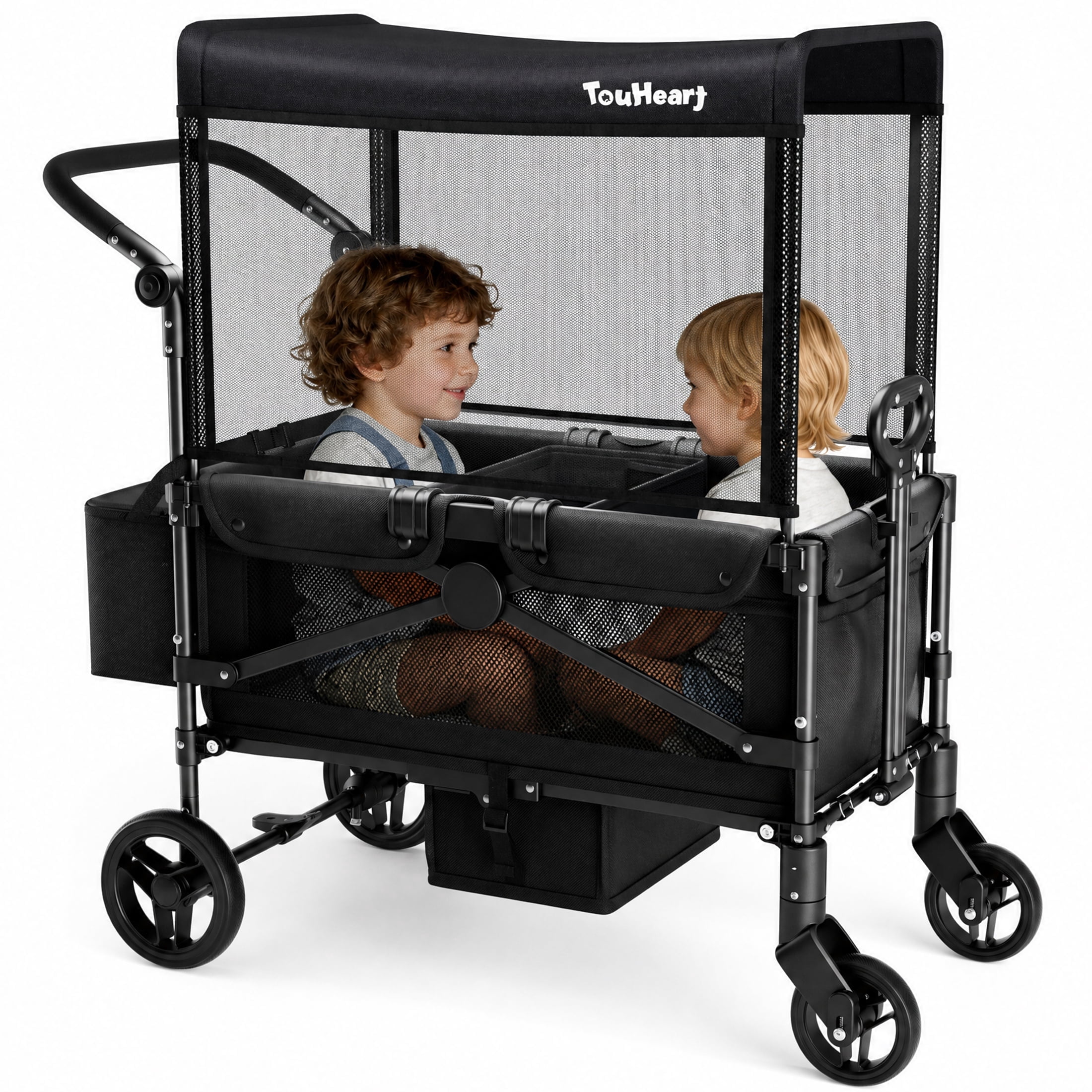 TouHeart 2 Seater Wagon Stroller with Canopy, Folding Stroller Wagon for Kids, 220 lbs Capacity,Black