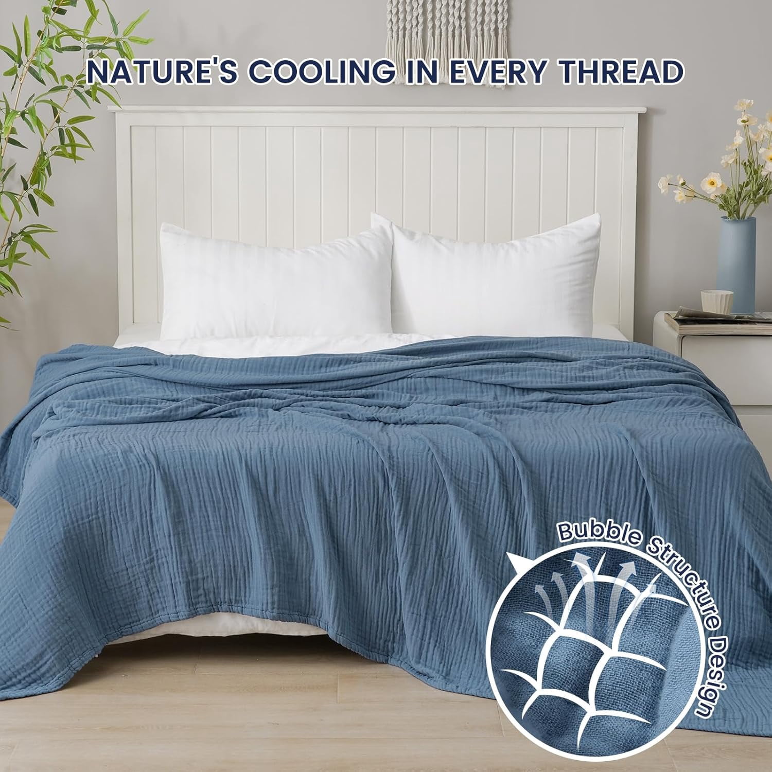 PHF Cooling Muslin Twin Blanket for Hot Sleepers, 4-Layer Breathable Bamboo Rayon & Cotton Gauze, Lightweight Summer Blanket for Bed or Couch, 66" x 90", Prussian Blue