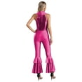 thumbnail image 2 of Womens Dance Leotard Shiny Rhinestone O-Ring Front Tiered Bell-Bottom Bodysuit for Disco Party HotPink XL, 2 of 7