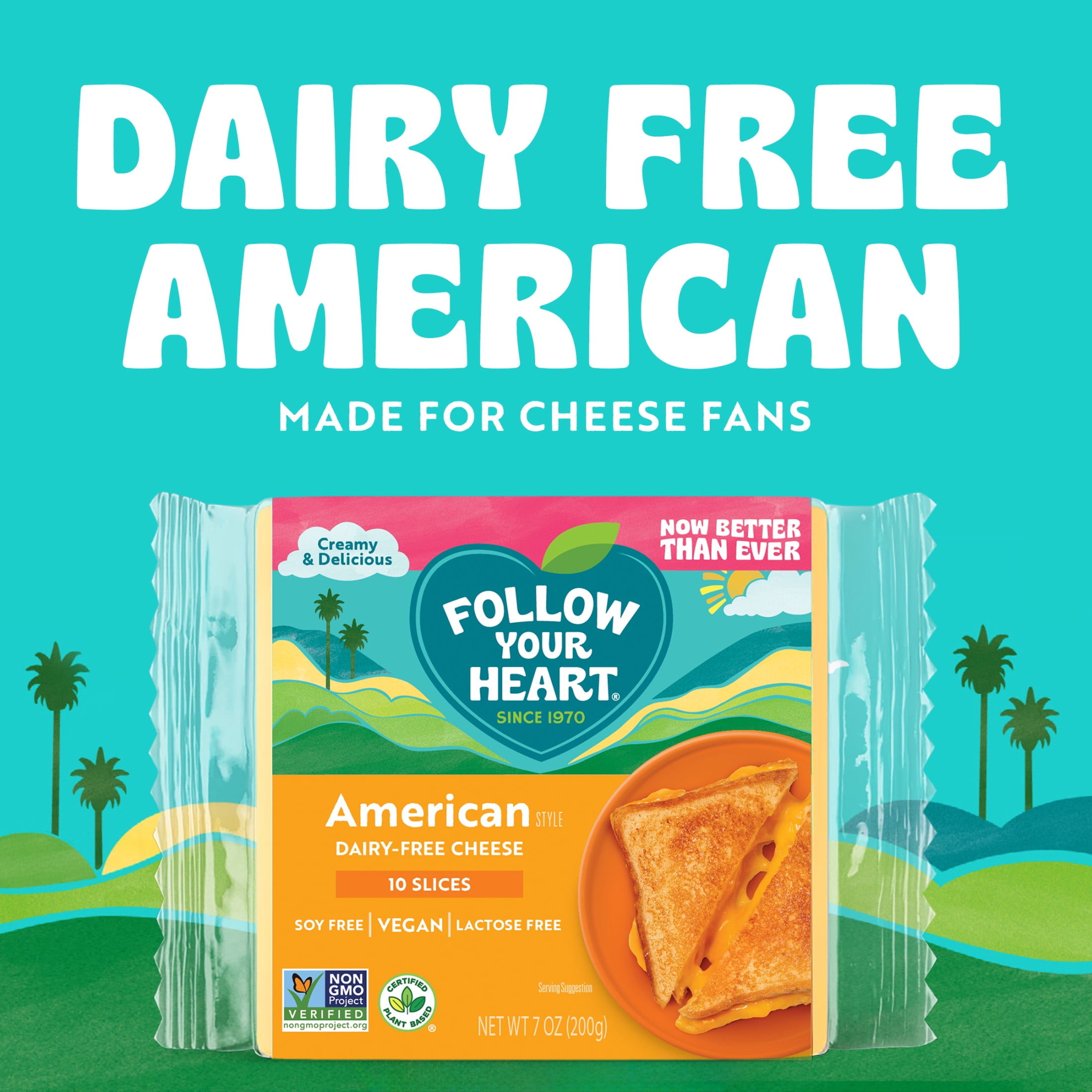 Follow Your Heart Gluten Free, Vegan, American Style Dairy Free Cheese Slices Pack, 7 oz, 10 Count