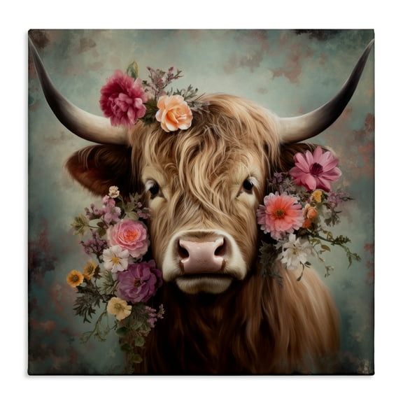 Stupell Industries Cattle with Gerbera Daisies Animals & Insects Painting Gallery Wrapped Canvas Art Print Wall Art, 17 x 17
