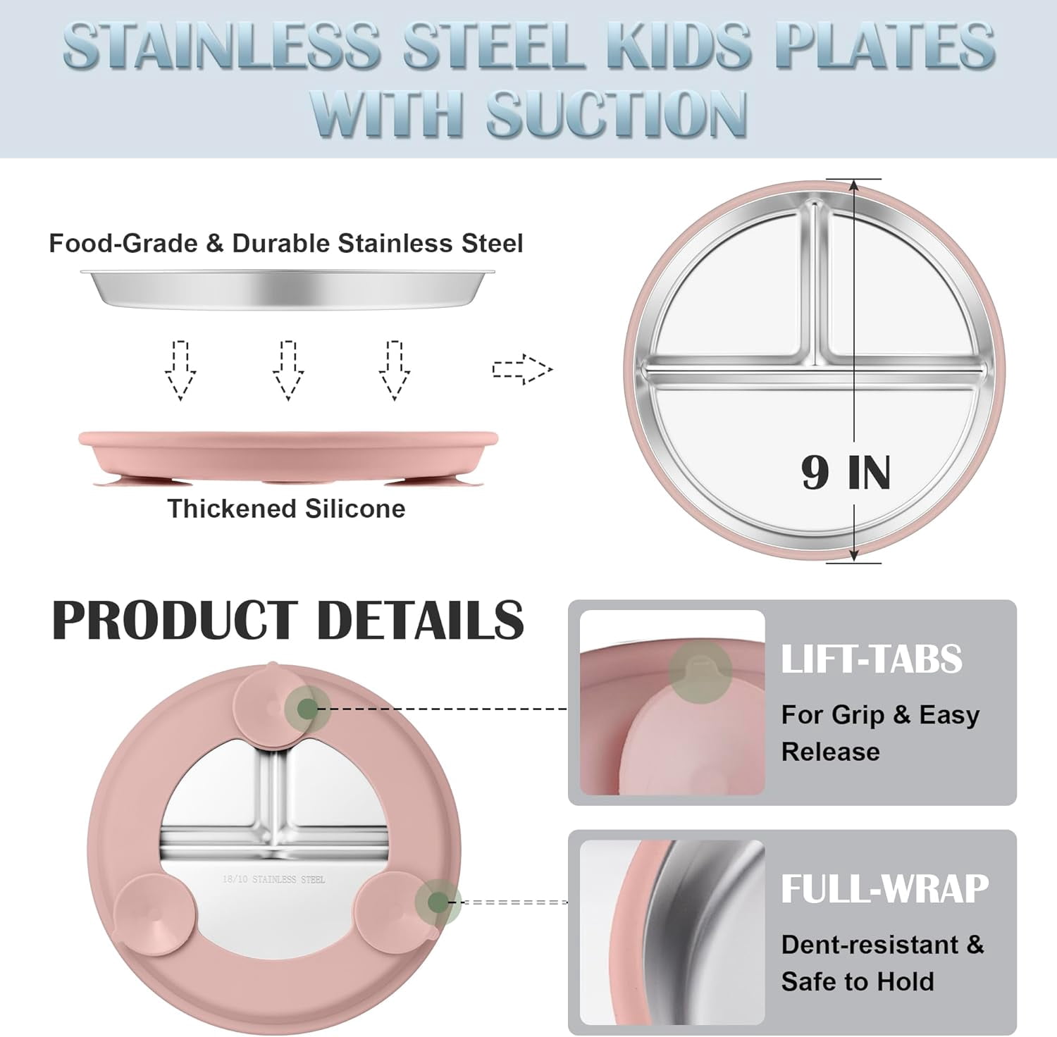 Stainlss Stl Toddlr Bowls and Plats with Suction Bundl, 4-Pack 9" Kids Plats and 4-Pack 5" Baby Bowls, Non-Slip & Unbrakabl, Dishwashr Saf