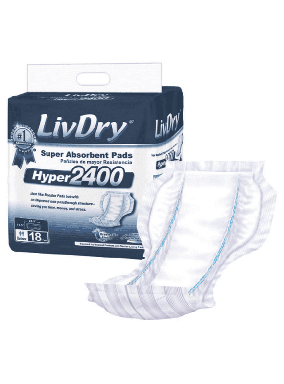 LivDry Unisex Incontinence Pad Insert | Super Absorbent + Odor Control (Hyper 2400, 18-Pack)